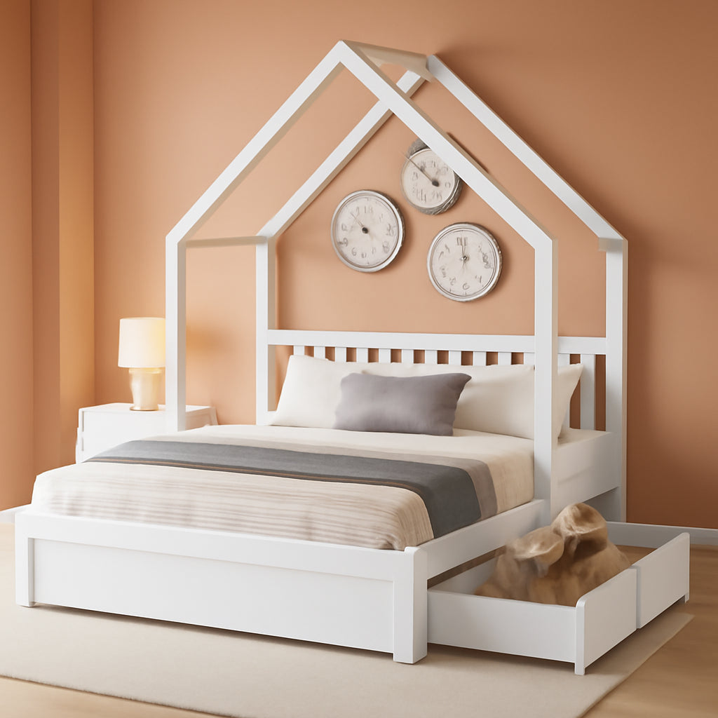 Queen Size Kids House Bed Frame With Under Bed Storage Drawers