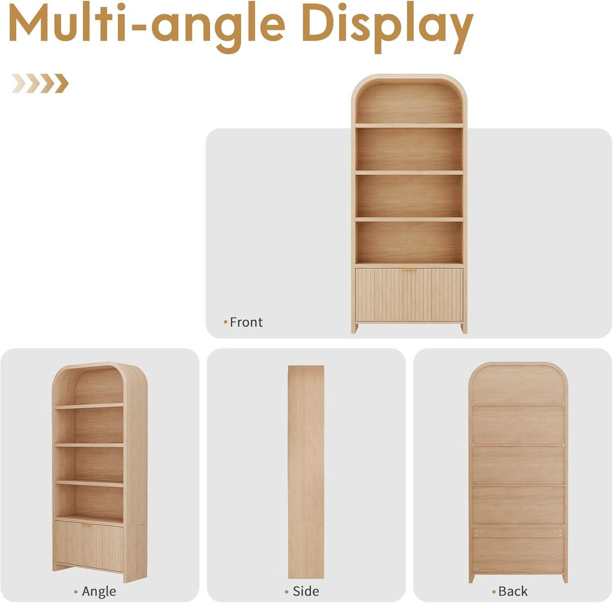 Arched Bookcase With Fluted Drawer Seventy Inch Natural