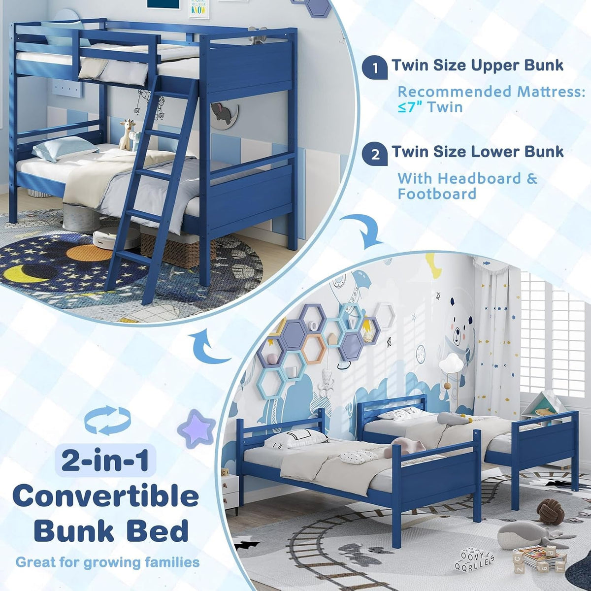 Navy Blue Convertible Twin Over Twin Bunk Bed For Kids