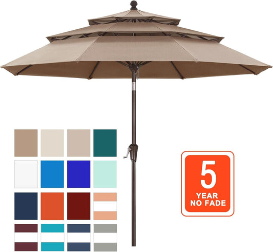 9ft 3 Tier Patio Umbrella Weather Resistant Fabric Khaki