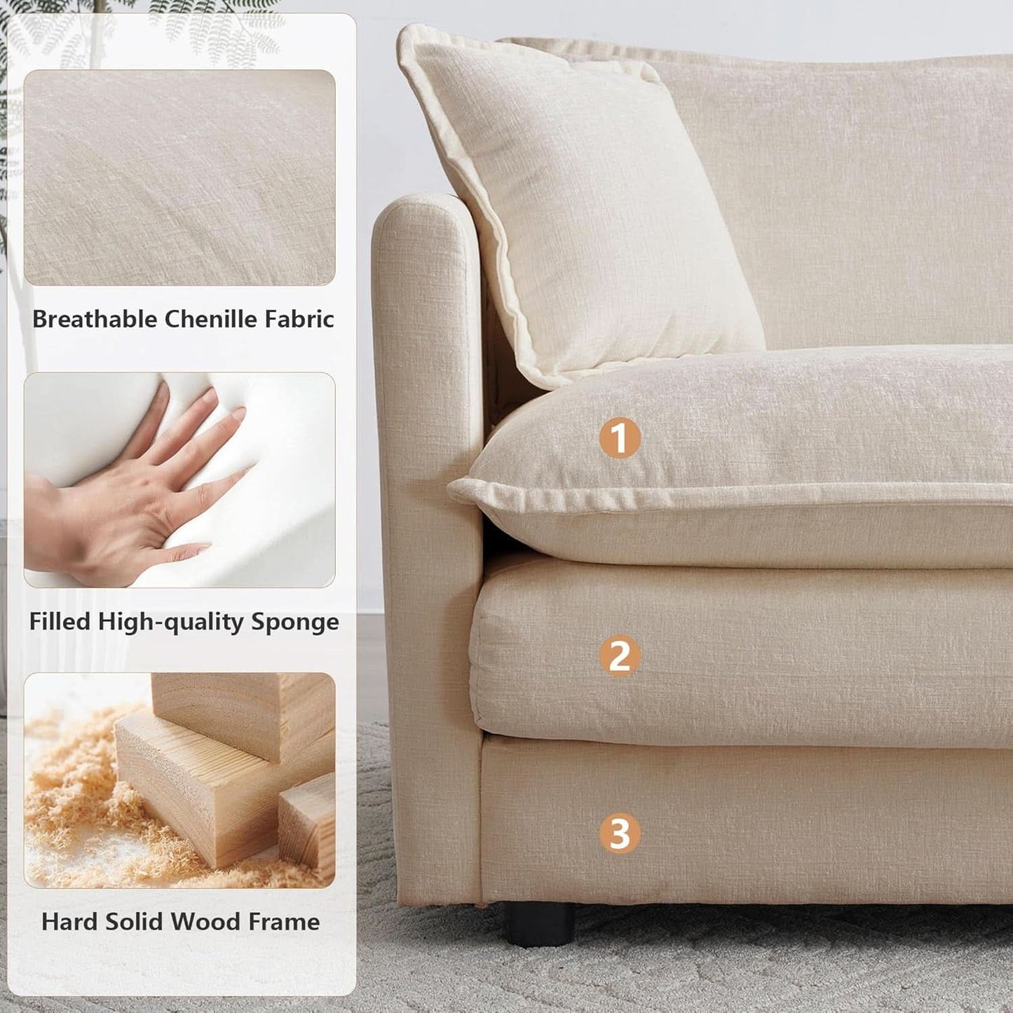 Chenille 76 Inch Loveseat Sofa Light Coffee Armrest Pillows-4