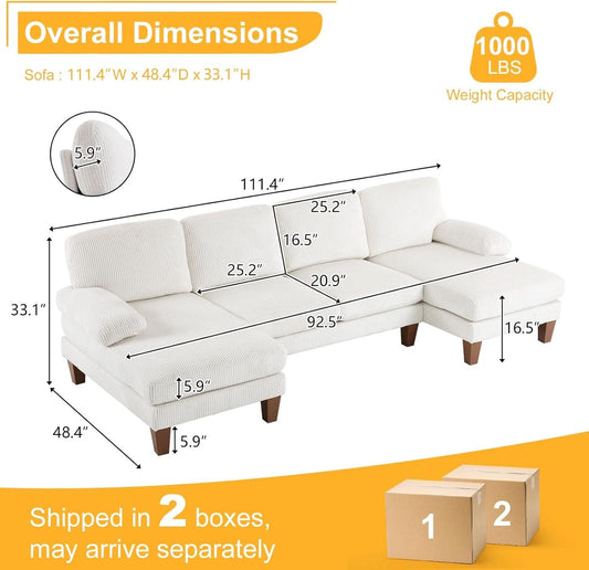 Beige 111 Inch U Shape Corduroy Sectional Sofa With Chaises-1