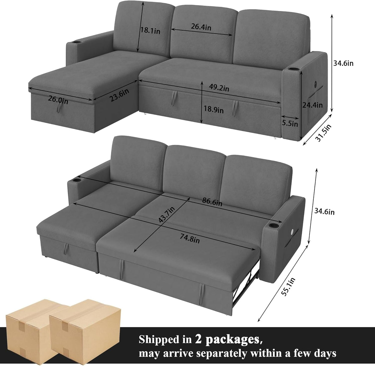 87 Inch Multi Functional Velvet Sleeper Sofa With Storage