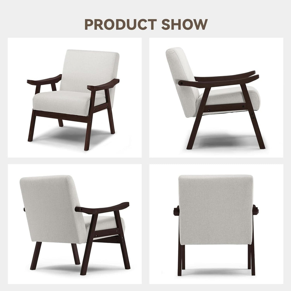 Beige Upholstered Modern Midcentury Solid Wood Armchair With Cushions