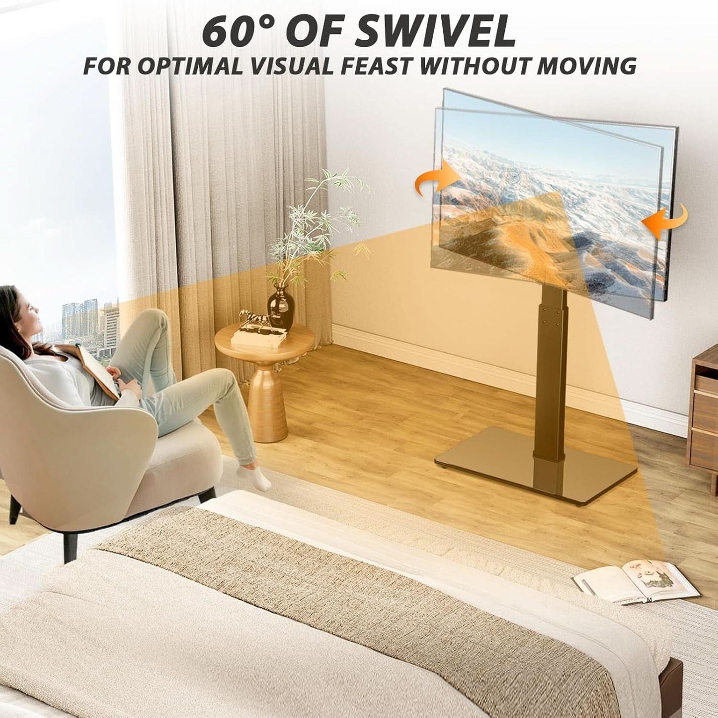 Black Floor TV Stand Tempered Glass Height Adjustable