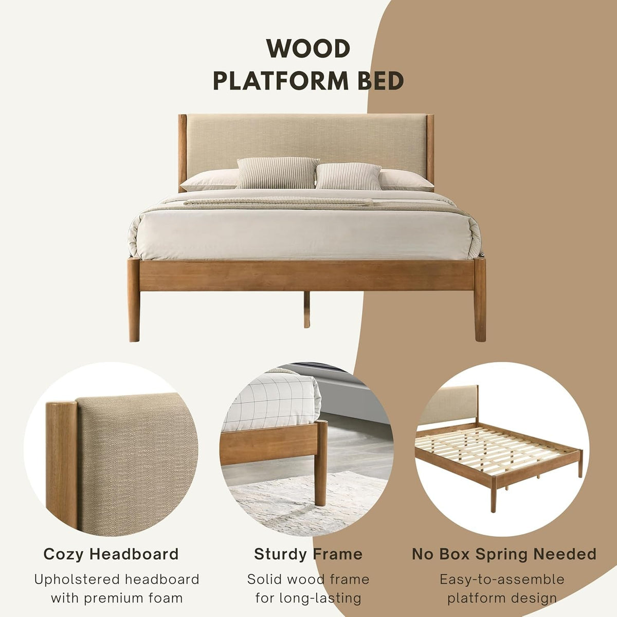 Luxurious Rubberwood Platform Bed Light Walnut King