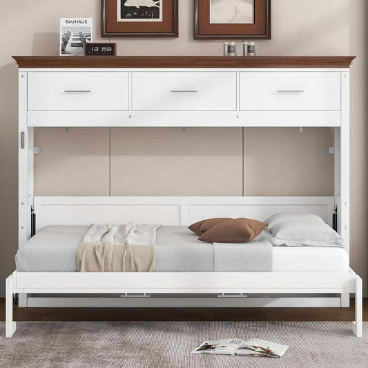 Horizontal Murphy Bed With Drawers White Walnut Top