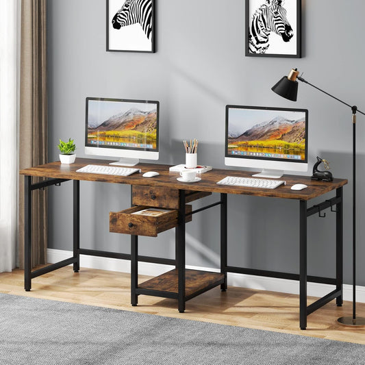 79Inch RusticBrown Double Desk With Storage Drawer