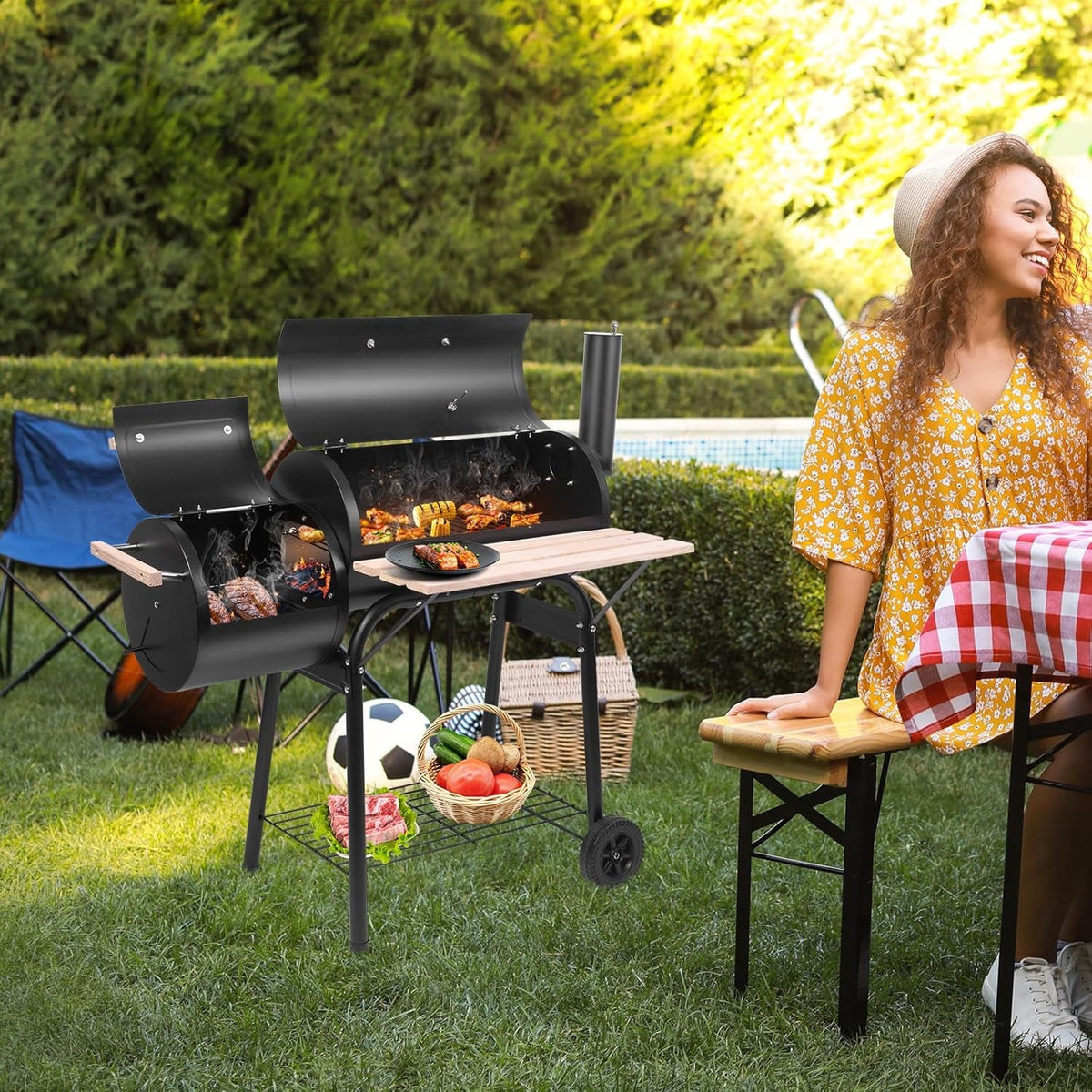 Offset Charcoal Smoker Barbecue Grill Large Chamber