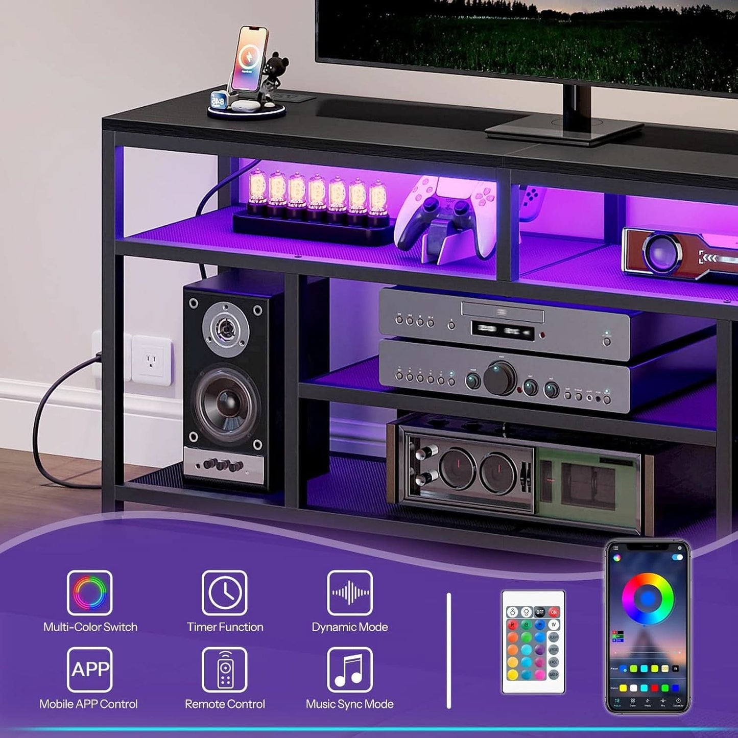 Matte Black LED Illuminated TV Stand Charging Station