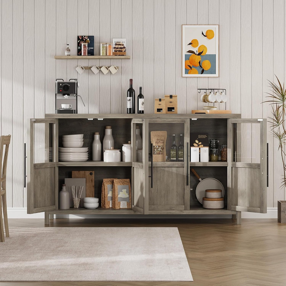 Fifty Five Inch Grey Buffet Cabinet Glass Doors Storage