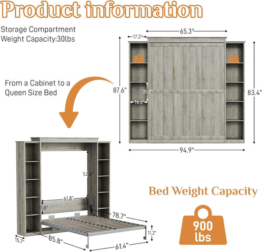 Grey Queen Murphy Bed With Multifunctional Storage-1