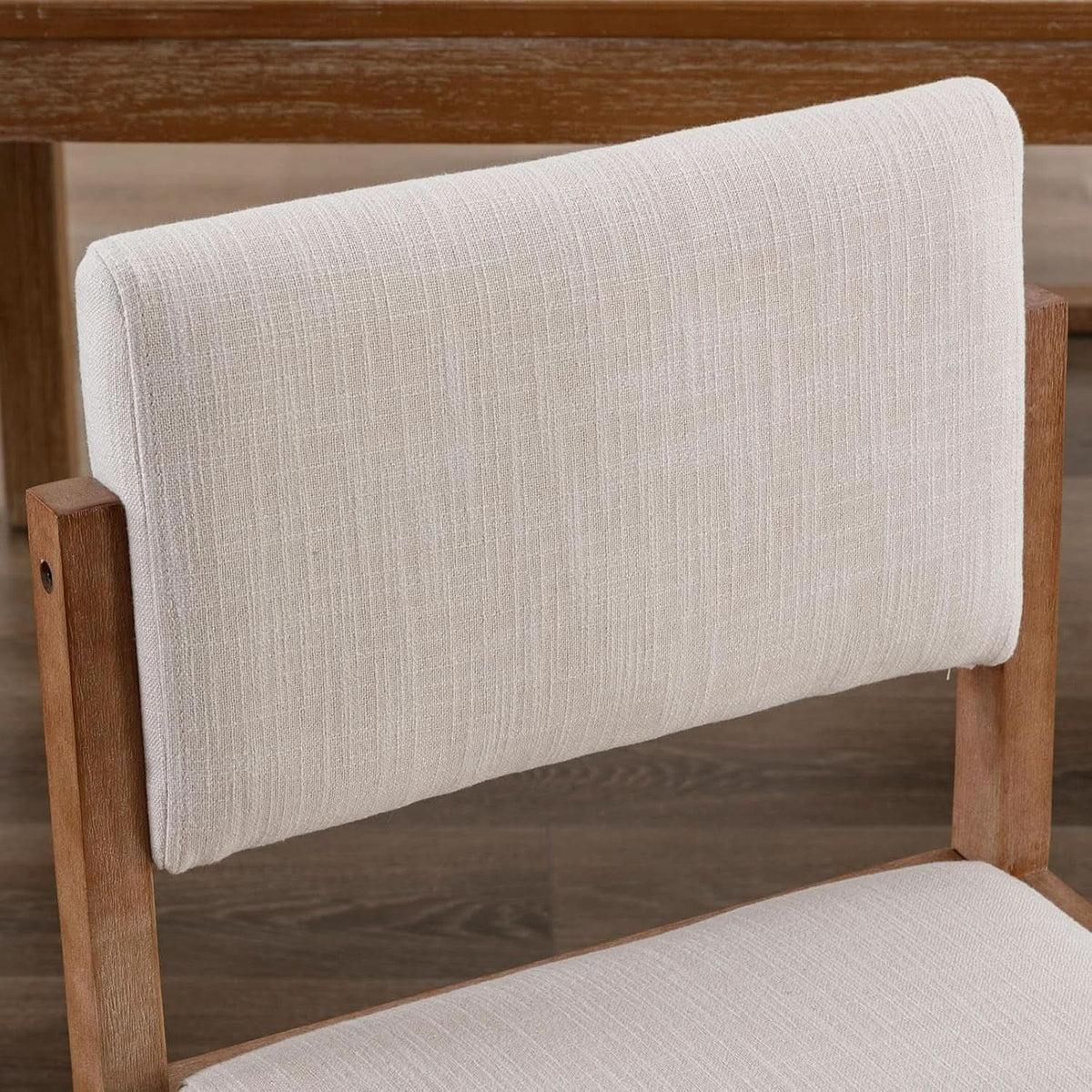Beige Linen Upholstered Dining Chairs Midcentury Pair