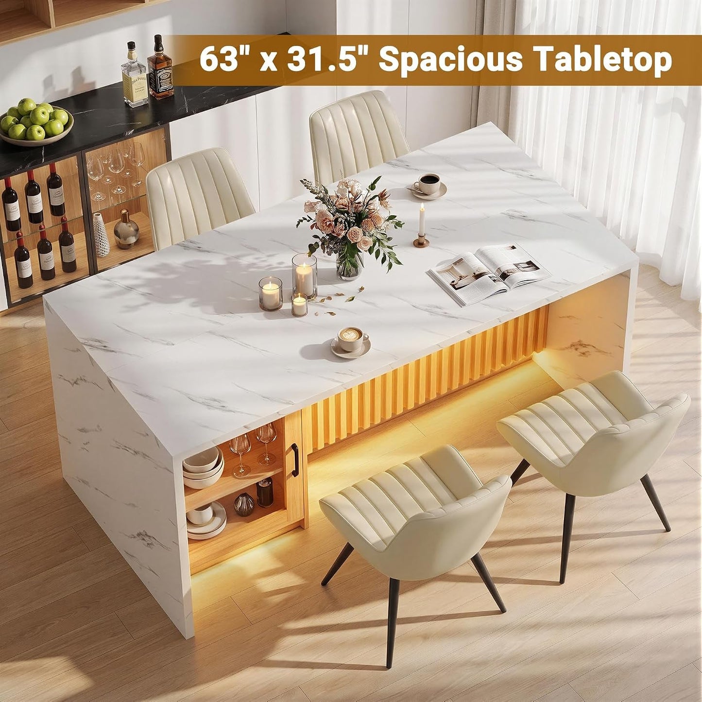 Contemporary 63 Inches Rectangular Dining Table Marble