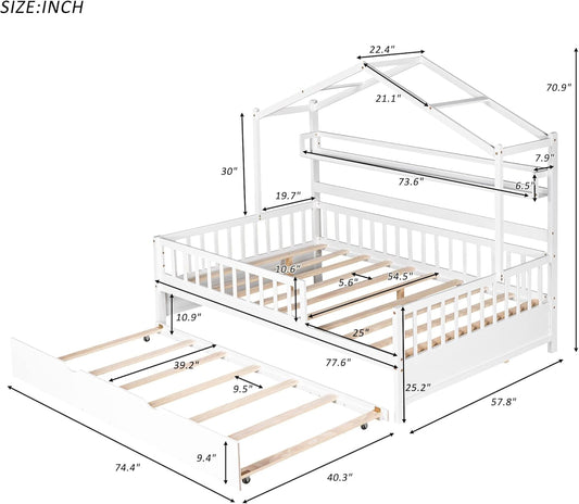 FullSize White Wooden Playhouse Trundle Bed Storage