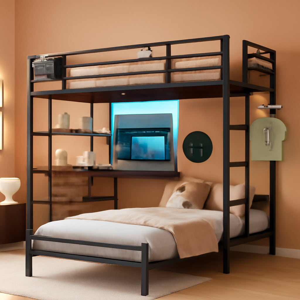 Black ExtraLongXL Over Twin Bunk Bed With LEDLightingStorage