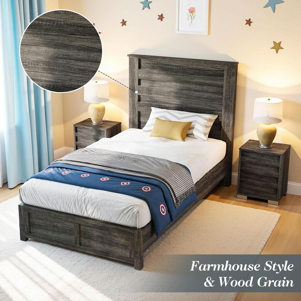 Twin Platform Bed 49in Fluted Headboard Natural Grey