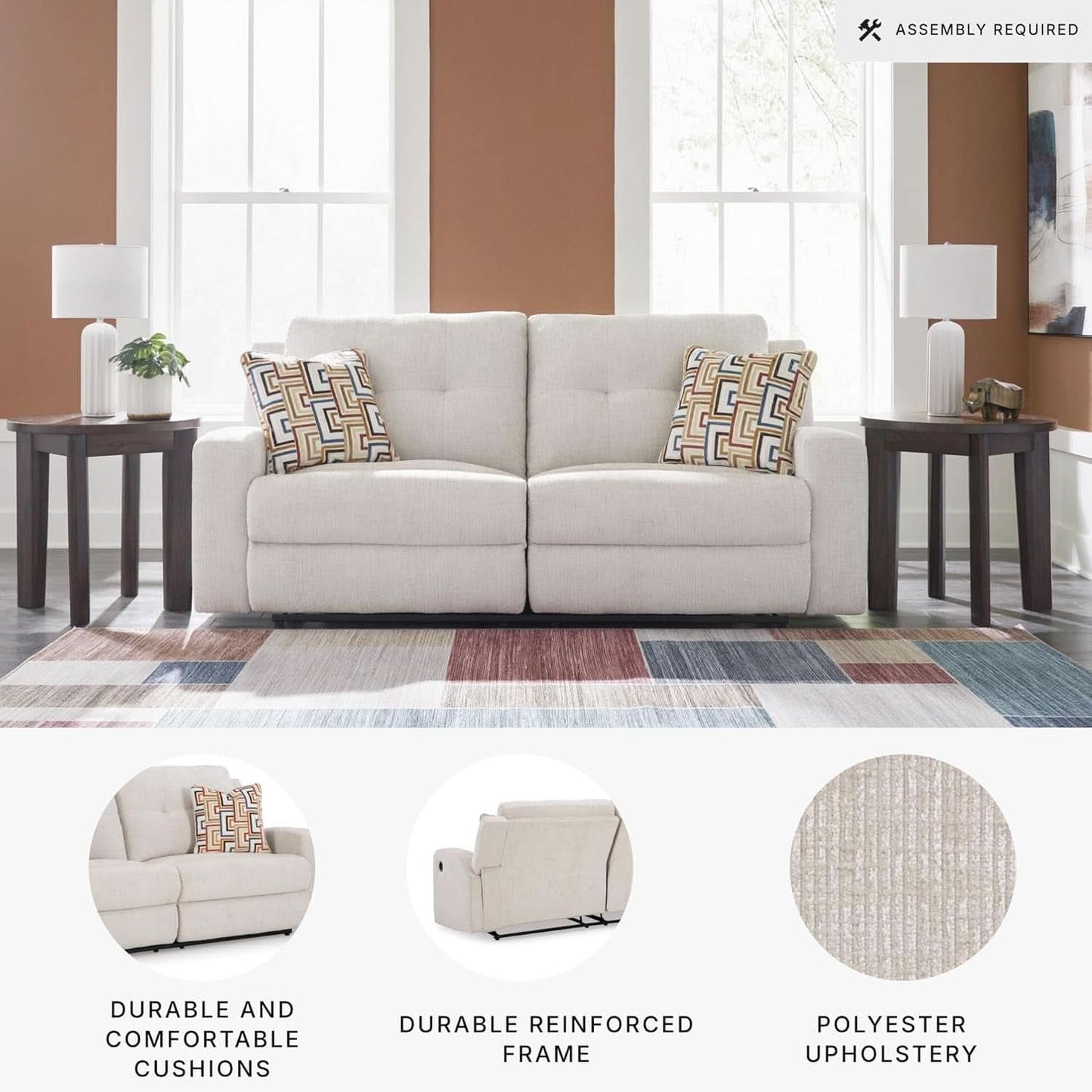 Beige Manual Reclining Sofa Featuring Plush Tufting