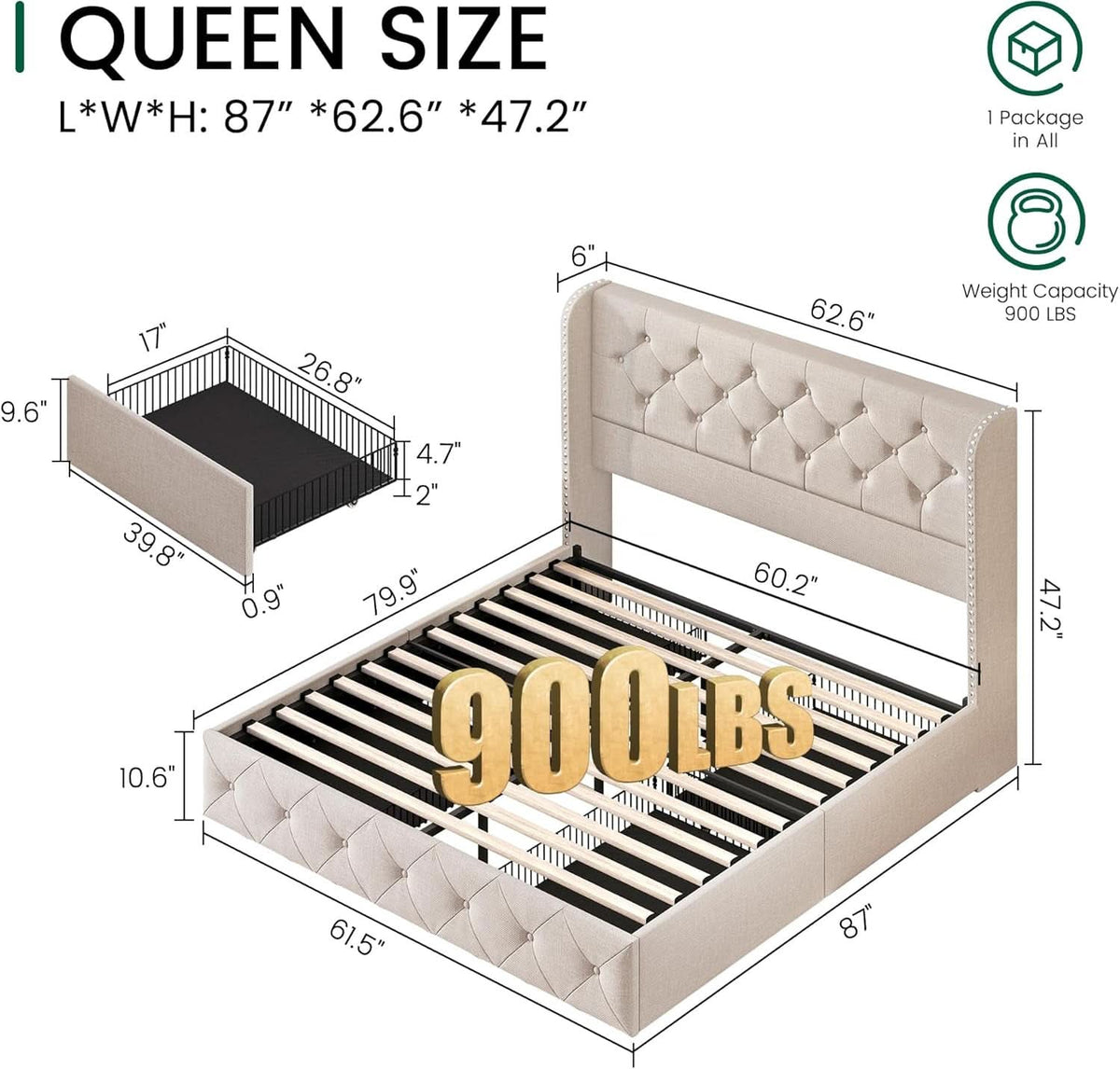Queen Size Bed Frame Beige Upholstered Tufted Head board