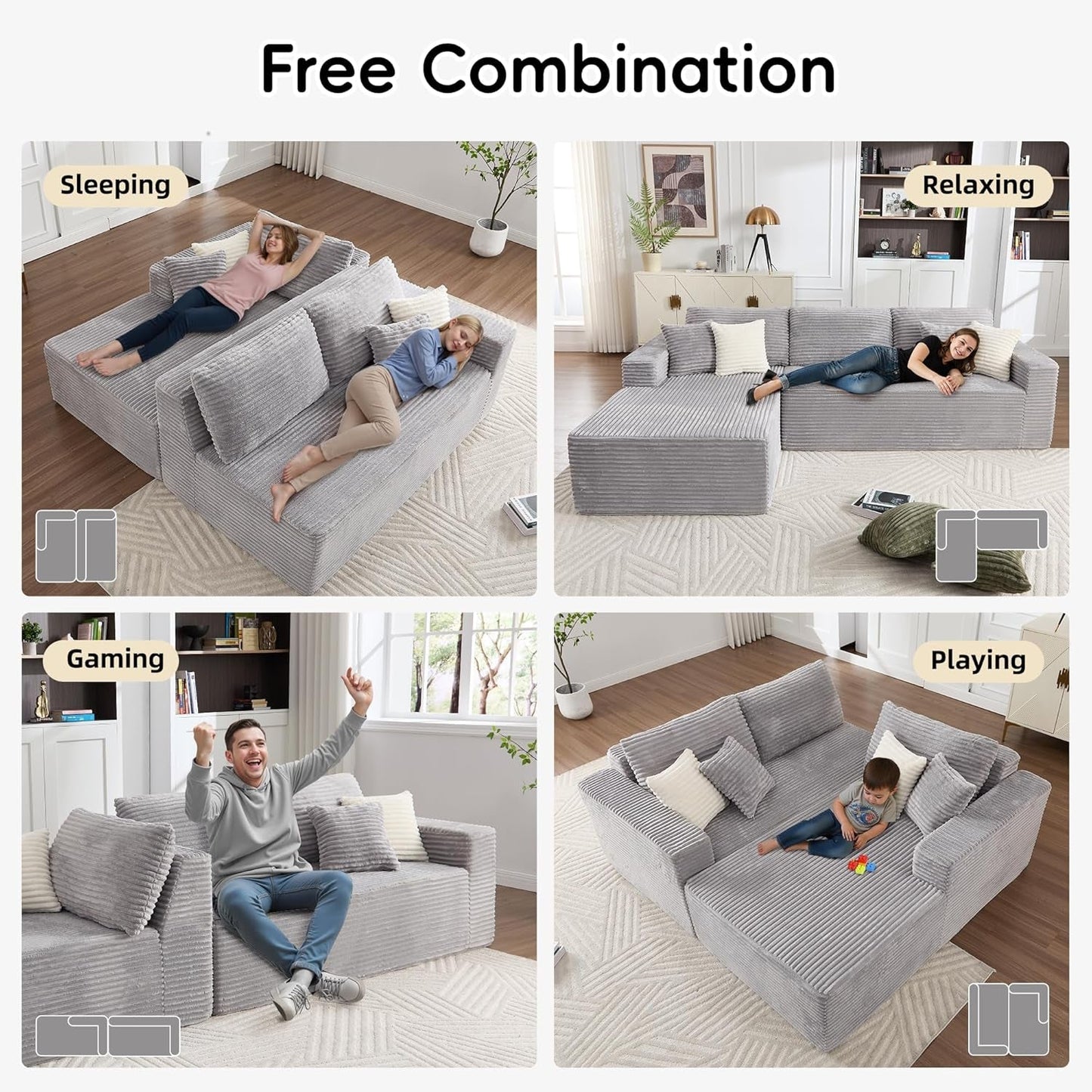 108 Inch Grey Upholstered Modular Sectional Chaise