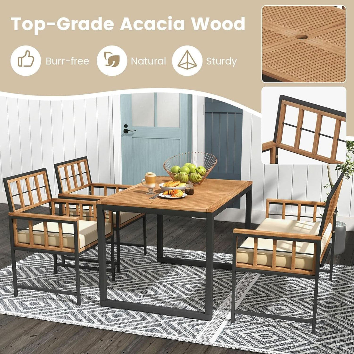 4 Piece Patio Dining Set With 47 Inch Acacia Table