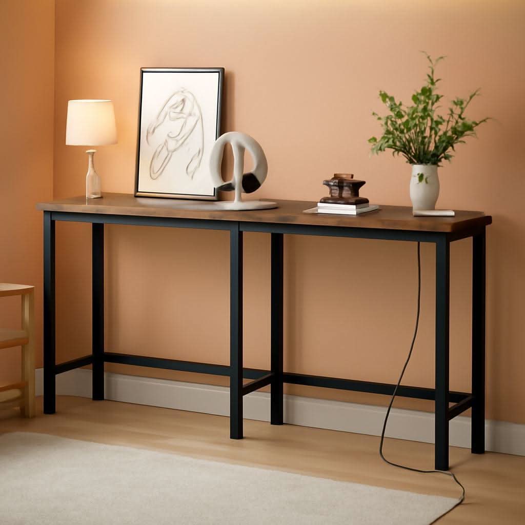 Seventy Inch Rustic Brown Console Sofa Table USB Ports