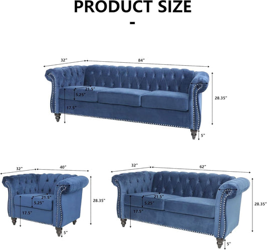 Three Piece Blue Velvet Chesterfield Sofa Set With Club Chair And Loveseat For Living Room-1