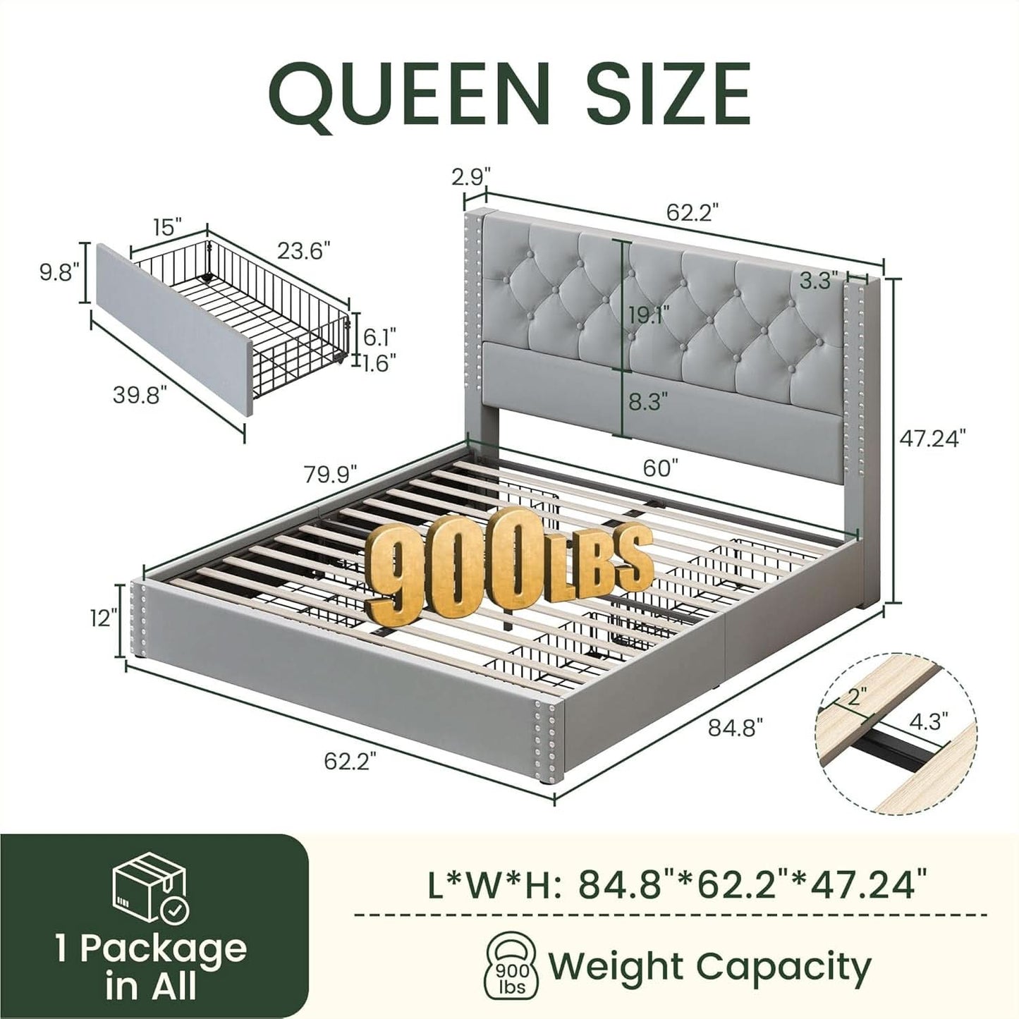 Queen Velvet Grey Upholstered Platform Bed Frame Storage
