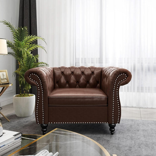 Two Piece Living Room Set Chesterfield Leather Sofa And Chair With Scroll Arms In Dark Brown