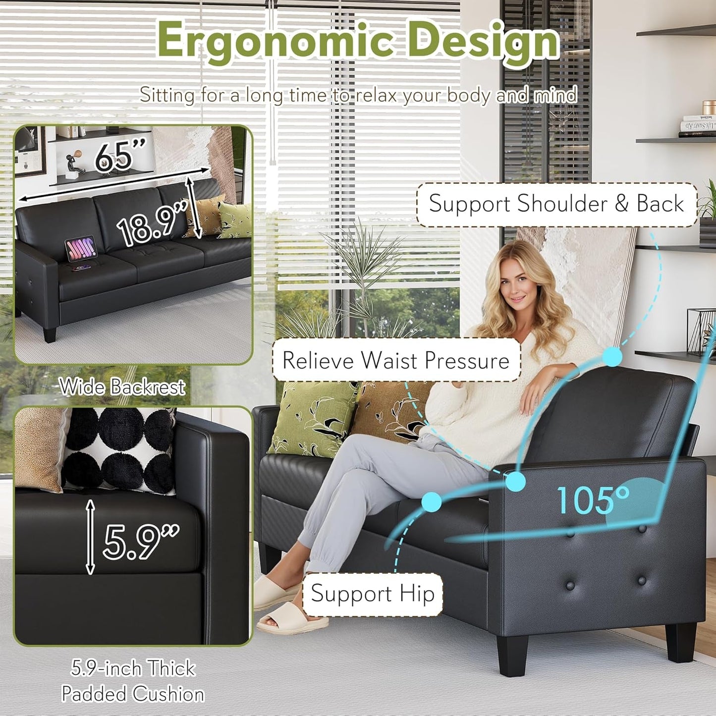 Black Seventy ThreeInch Three Seater Sofa For Living Room