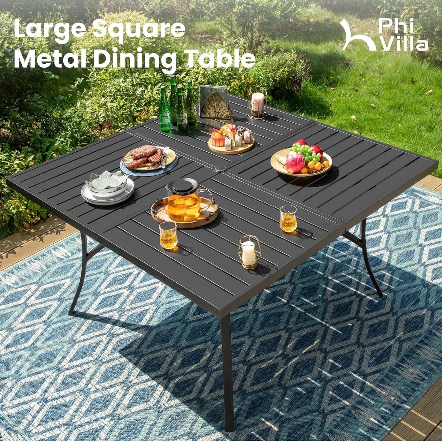 9 Piece Patio Dining Set With Large Square Metal Table And 8 Swivel Chairs
