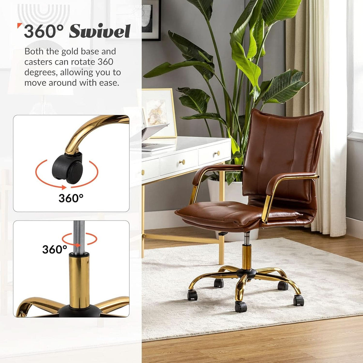 Faux Leather Home Office Desk Chair Adjustable Height Brown