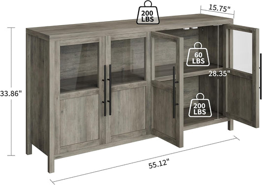 Fifty Five Inch Grey Buffet Cabinet Glass Doors Storage