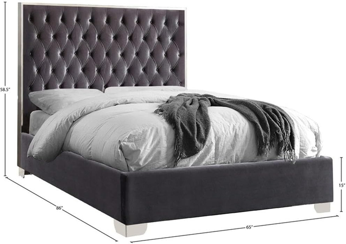Grey Velvet Queen Bed Deep Tufted Chrome Finish Lux Leatherette