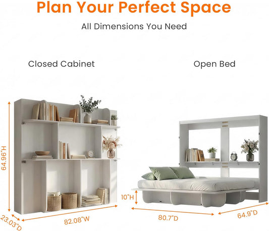 White Queen Murphy Bed With Integrated Storage Shelf-1