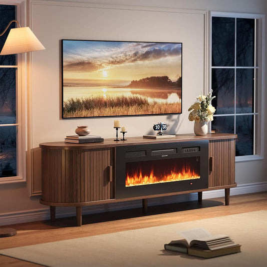 Seventy Inch Walnut TV Stand With Electric Fireplace