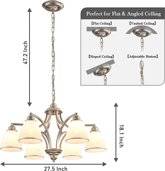 Brushed Nickel 6Light Farmhouse Chandelier Milk Glass-1