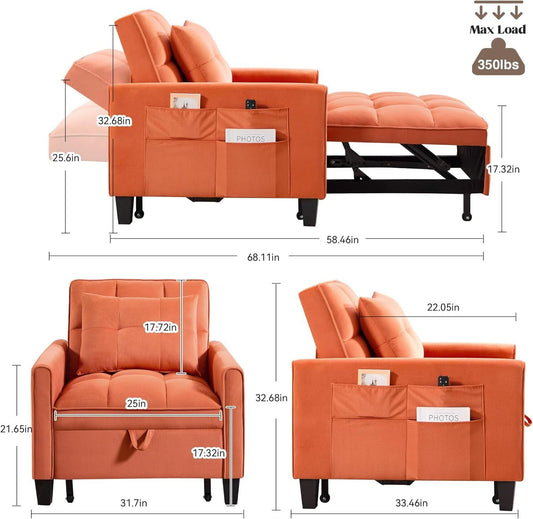 Three In One Velvet Orange Convertible Sleeper Chair