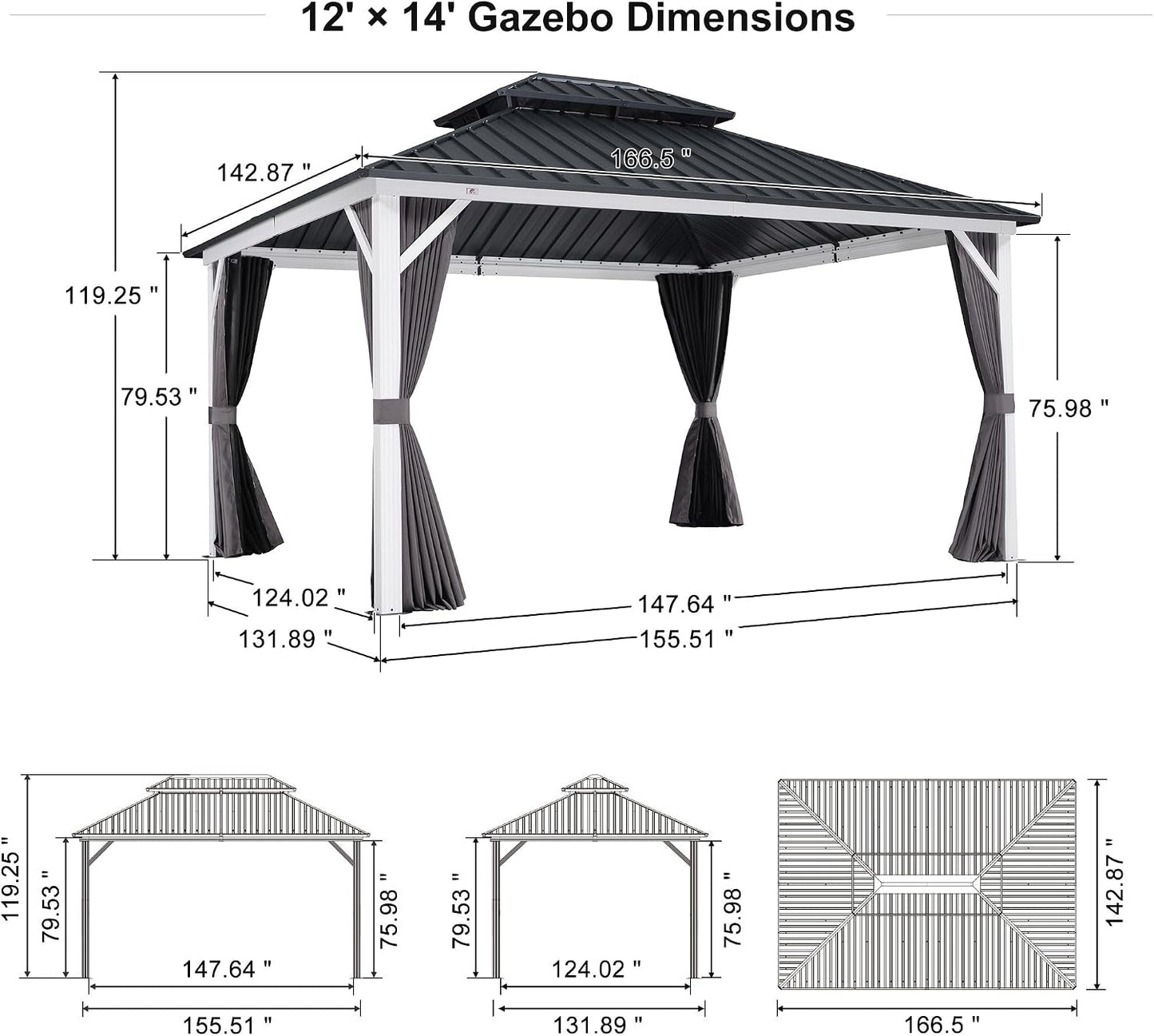 12x14 White Aluminum Frame Hardtop Gazebo Curtains