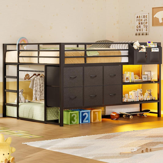 Full Over Twin Bunk Bed Black Security Guardrails Drawers