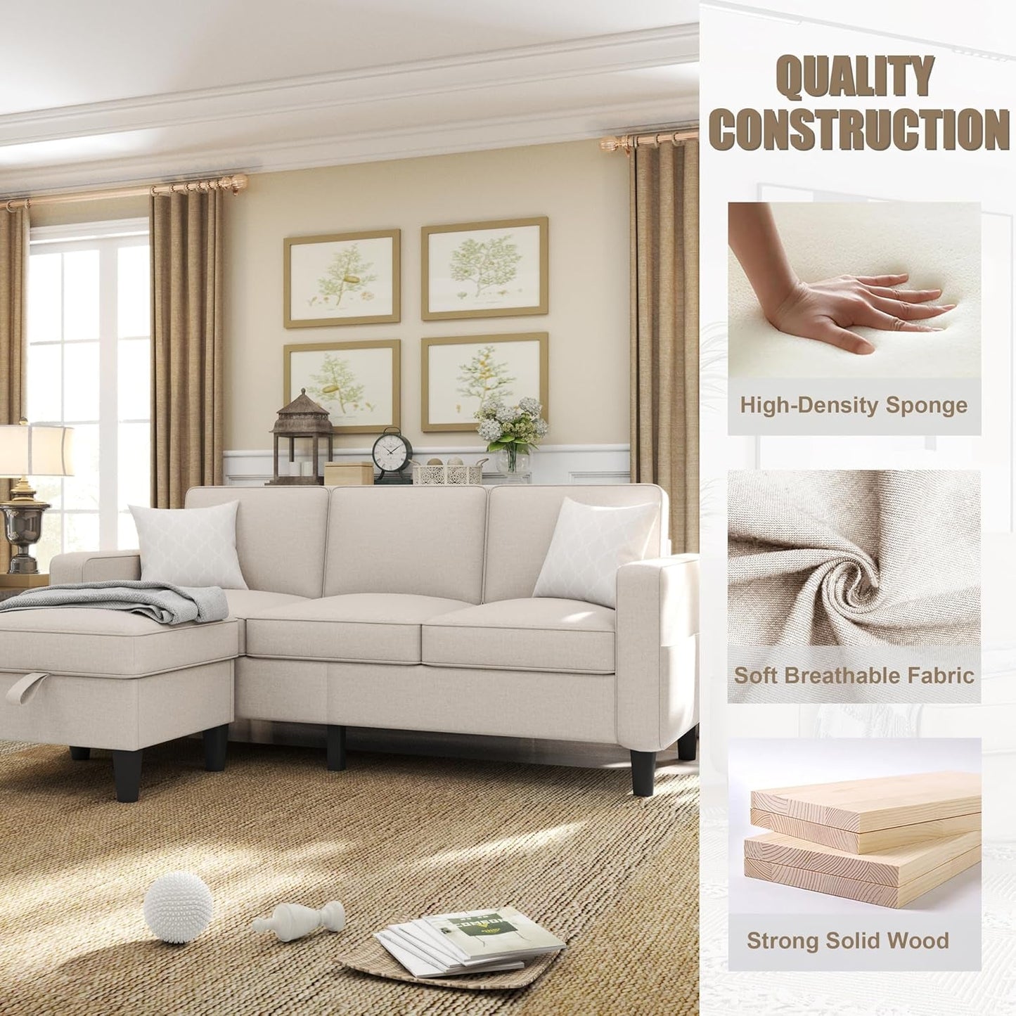 Seventy EightInch Beige Linen Sectional Sofa Storage