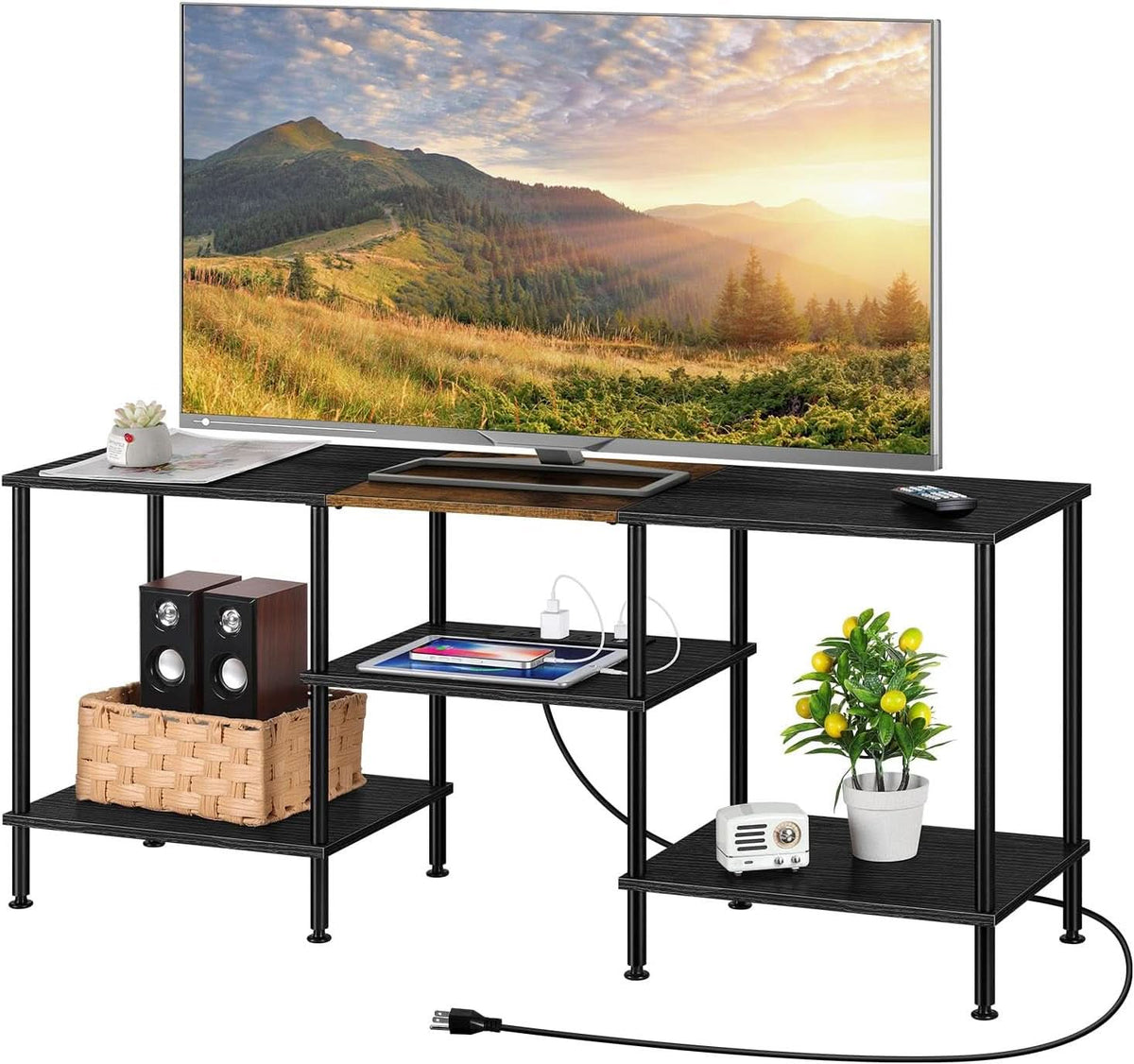 Black Living Room TV Stand Integrated Charging Outlets