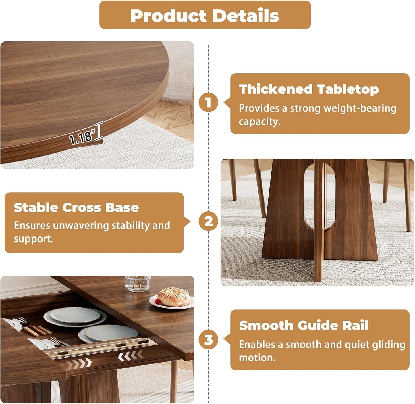 Extendable Farmhouse Dining Table Dark Walnut Finish