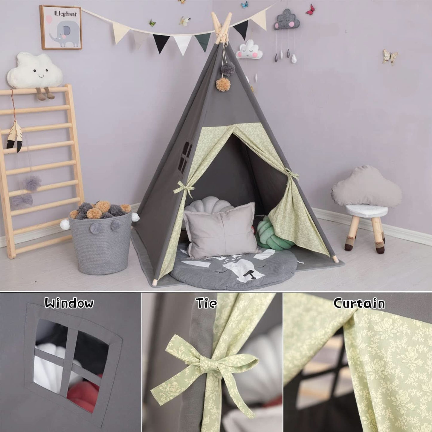Charcoal Grey Teepee Playhouse With Cushioned Mattress