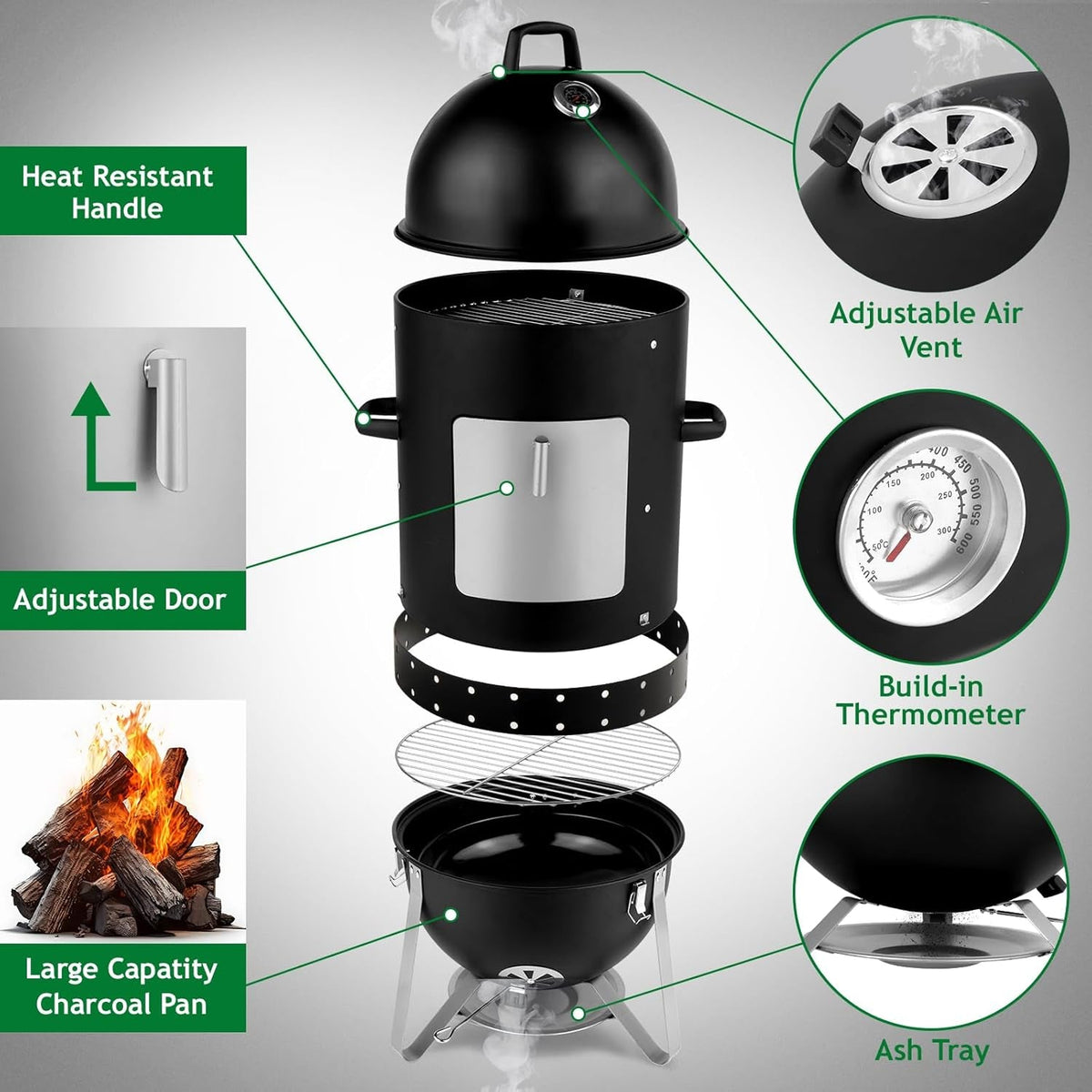 Vertical Charcoal Grill With Integrated Thermometer
