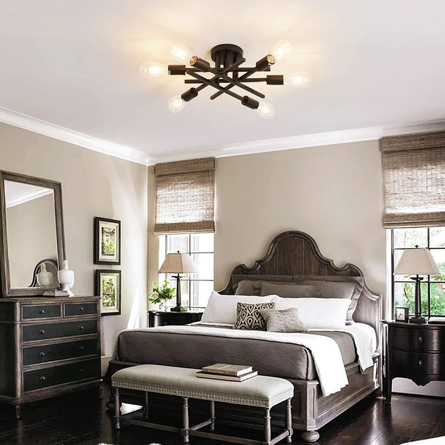 Six Light Black Matte Sputnik Chandelier Semi Flush Ceiling Light