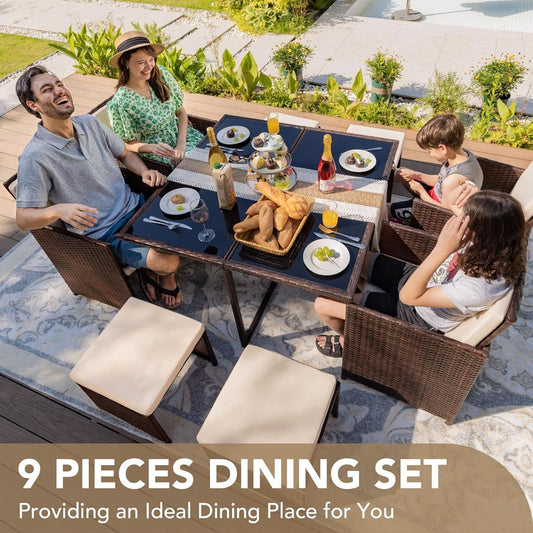 9 Piece Outdoor Patio Dining Set Rattan Chairs With Glass Table Beige Cushioned