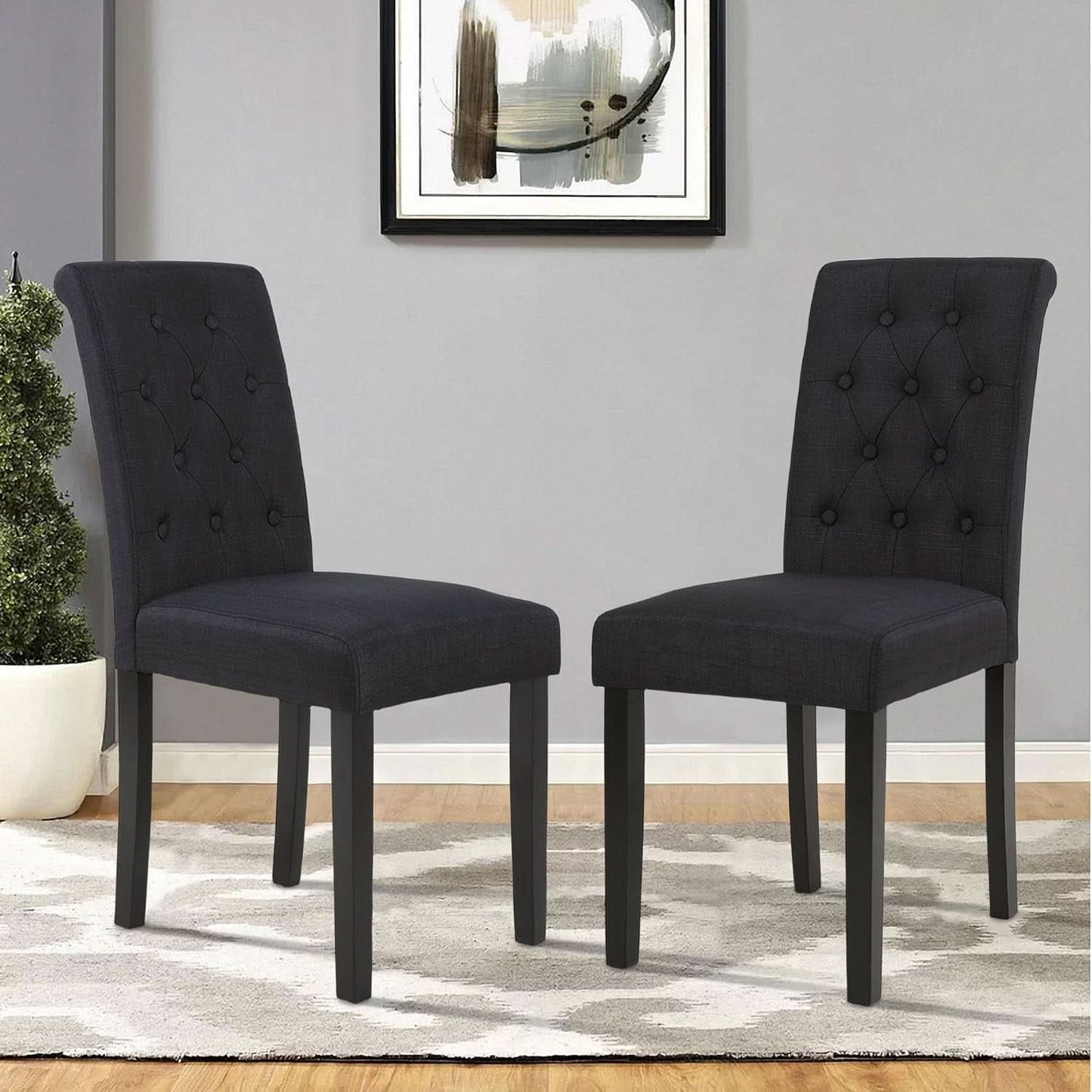 Two Upholstered Fabric Dining Chairs Button Tufting Black
