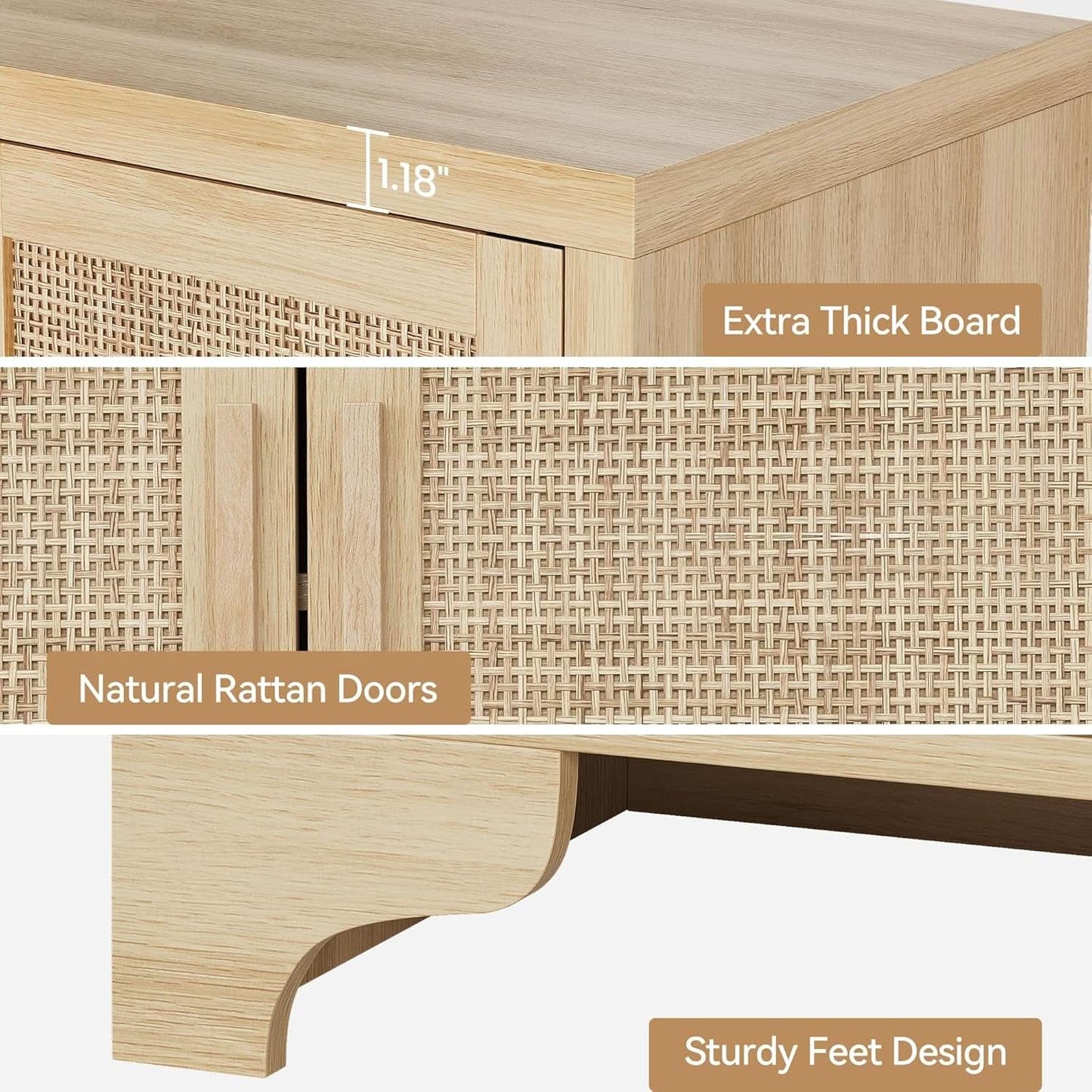 Natural Rattan Four Door Sideboard Cabinet Engineered Wood-4