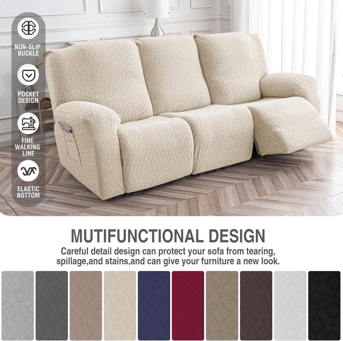 Beige Waterproof Recliner Sofa Cover Featuring Pockets